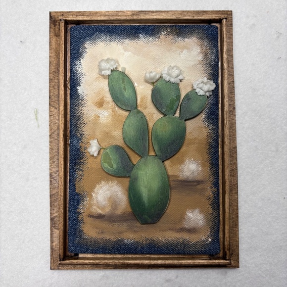 Cactus Mixed Media Wall Art Saguaro Flowers Brown Desert Wood Arizona 6 x 8 - Picture 6 of 7